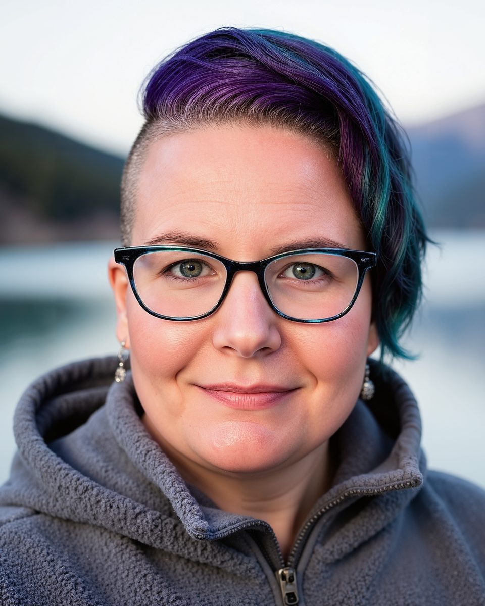 Tara looking straight at the camera beside a still mountain lake at dusk, in a grey fleece, with short purple and teal hair and dark glasses.