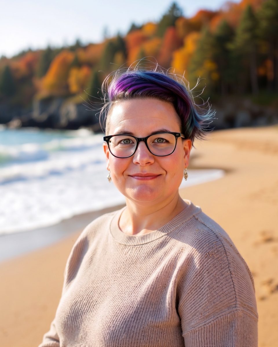 Tara on a beach in autumn, hair blowing in the wind, with surf on one side and a treeline turning gold and orange behind her.
